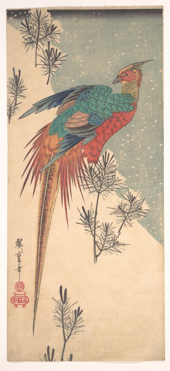 Kultakukko ja männynversot lumessa tekijältä Utagawa Hiroshige