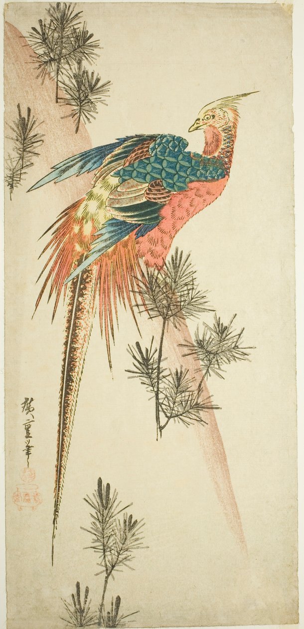 Kultainen fasaani ja mänty versoja lumessa tekijältä Utagawa Hiroshige