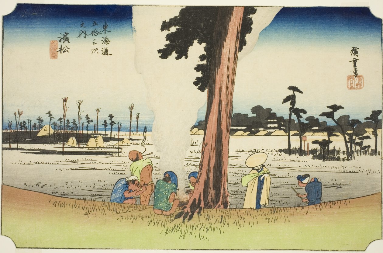 Hamamatsu: Talvikohtaus (Hamamatsu, fuyugare no zu), sarjasta "Fifty-three Stations of the Tokaido (Tokaido gojusan tsugi no uchi)," tunnetaan myös nimellä Hoeido Tokaido tekijältä Utagawa Hiroshige