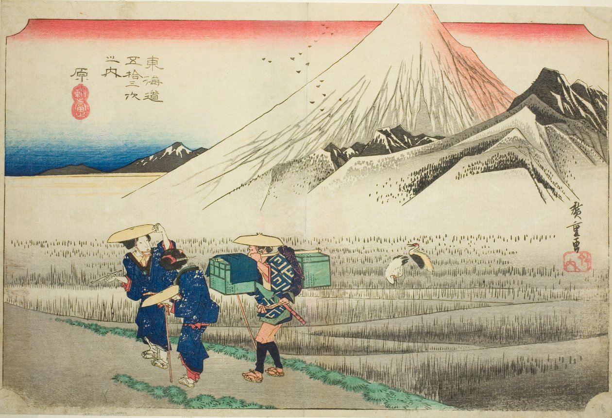 Hara: Fuji-vuori aamulla (Hara, asa no Fuji), sarjasta "Tokaido Roadin viisikymmentäkolme asemaa (Tokaido gojusan tsugi no uchi), joka tunnetaan myös nimellä Hoeido Tokaido tekijältä Utagawa Hiroshige