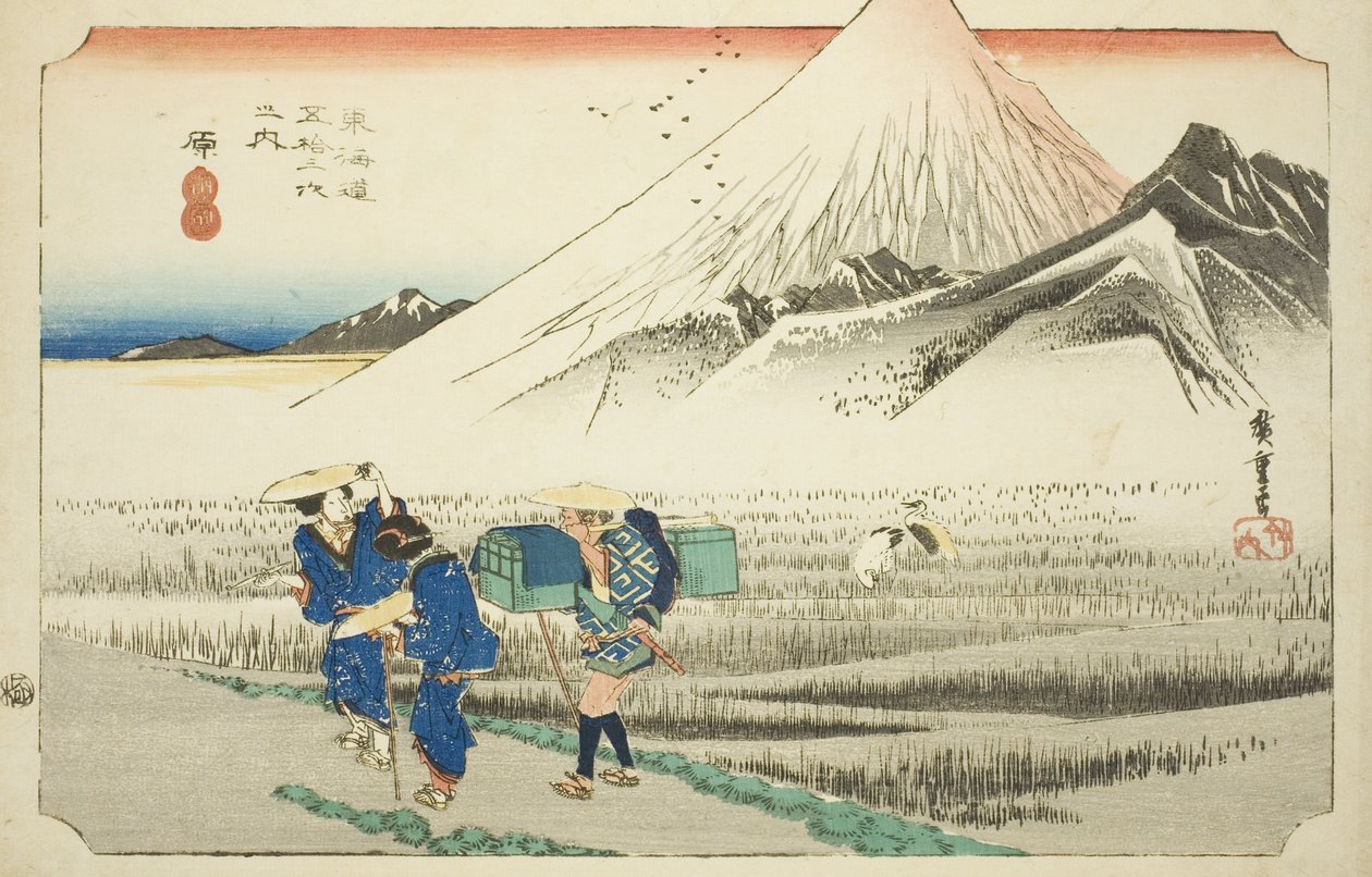 Hara: Fuji-vuori aamulla (Hara, asa no Fuji), sarjasta "Tokaido Roadin viisikymmentäkolme asemaa (Tokaido gojusan tsugi no uchi), joka tunnetaan myös nimellä Hoeido Tokaido tekijältä Utagawa Hiroshige