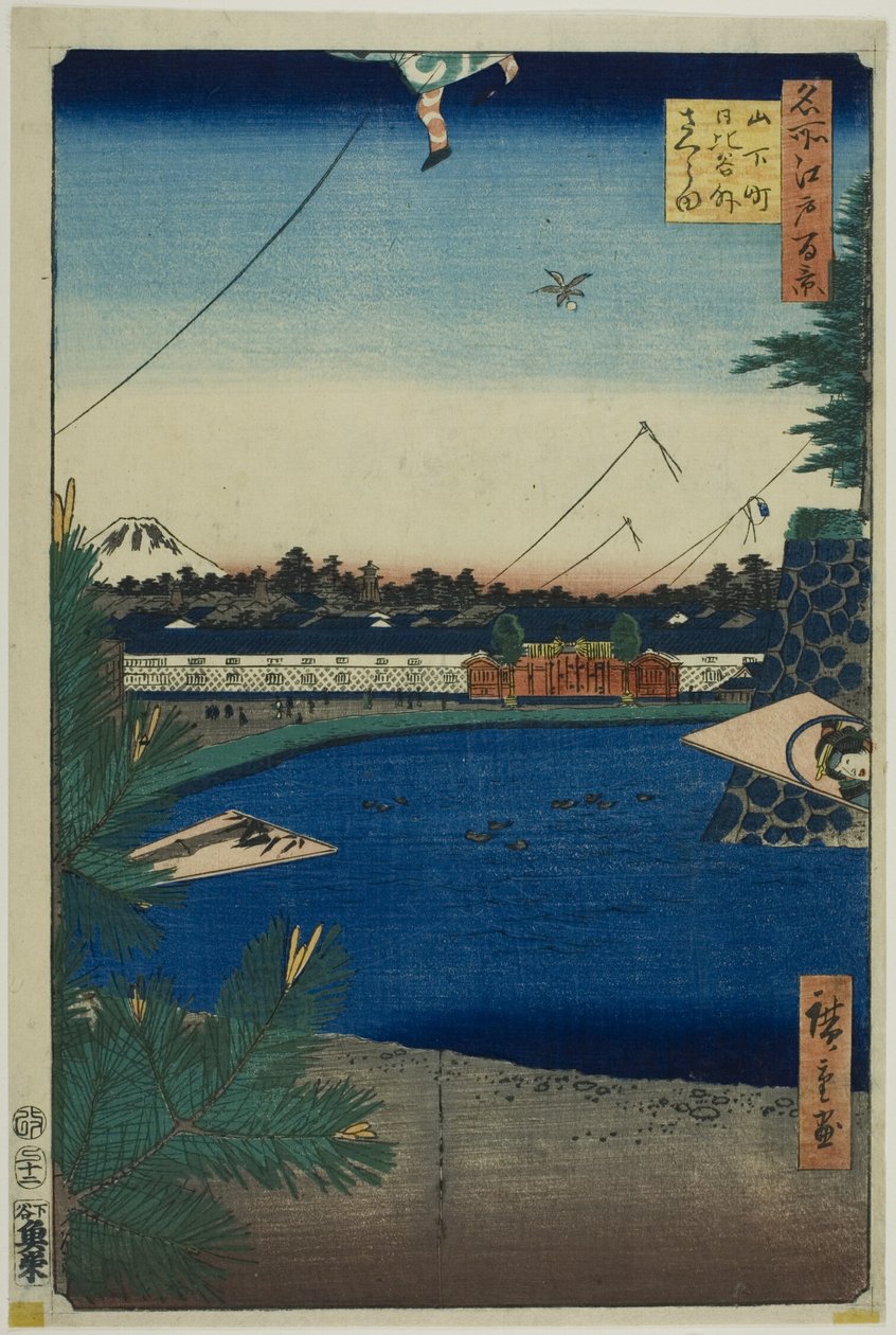 Hibiya ja Soto-Sakurada Yamashita-chosta (Yamashita-cho Hibiya Soto-Sakurada), sarjasta "Sata kuuluisaa näkymää Edosta (Meisho Edo hyakkei)". tekijältä Utagawa Hiroshige