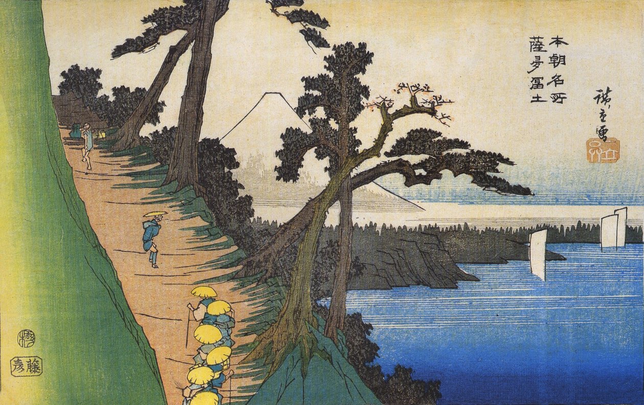 Hiroshige Matkailijat vuoristopolulla rannikon varrella tekijältä Utagawa Hiroshige