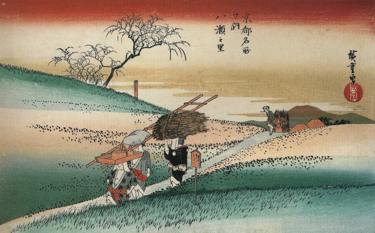 Hiroshige Naiset kävelevät tiellä peltojen halki tekijältä Utagawa Hiroshige