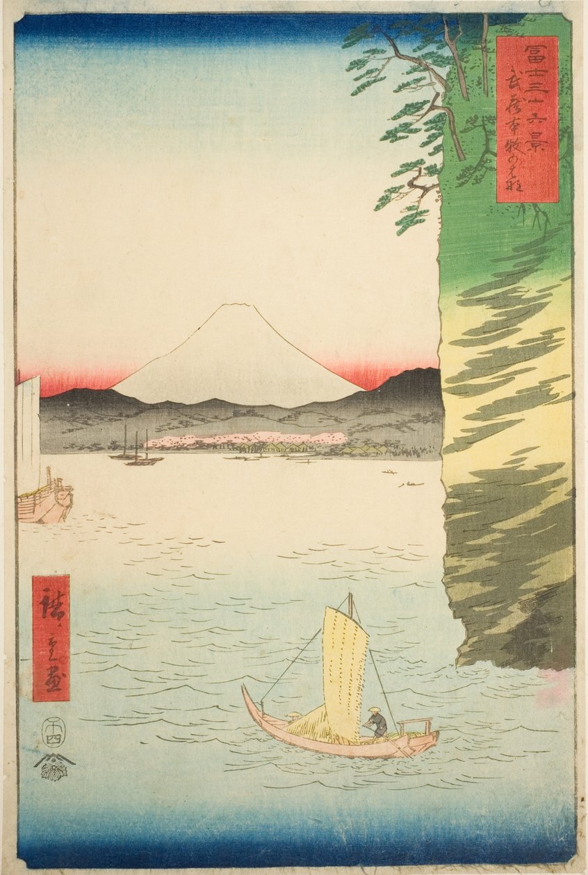 Mr. Honboku Musashi P Rovinse (Musashi Honmokun kukka), sarjasta "Tyrty x Fuji-vuoren näkymät (Fuji Usaju Rokukei)" tekijältä Utagawa Hiroshige