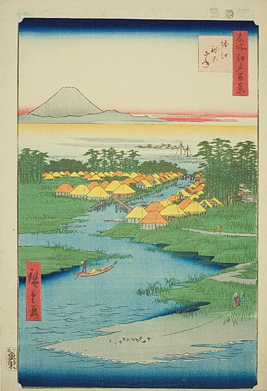 Horie ja Nekozane (Horie Nekozane), nro 96 sarjasta "Sata kuuluisaa näkymää Edosta (Meisho Edo hyakkei)". tekijältä Utagawa Hiroshige