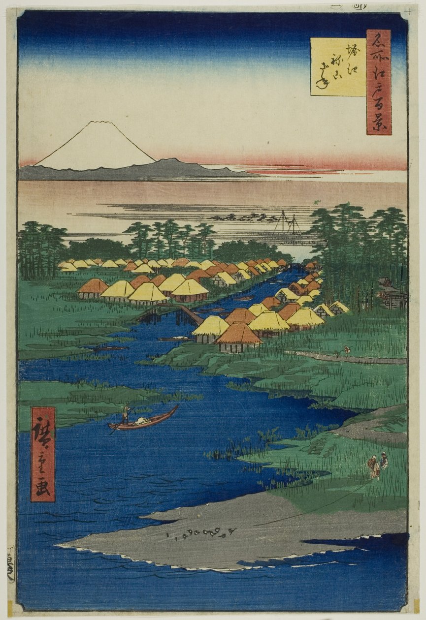 Horie ja Nekozane, sarjasta "Sata kuuluisaa näkymää Edosta (Meisho Edo hyakkei)". tekijältä Utagawa Hiroshige