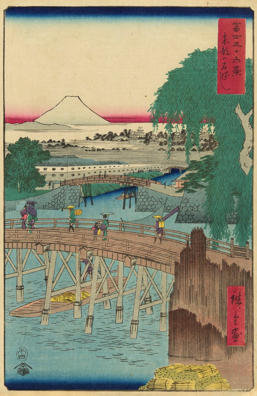 Ichikoku-silta itäpääkaupungissa (Toto Ichikokubashi), sarjasta "Kolmekymmentäkuusi näkymää Fuji-vuorelle (Fuji sanjurokkei)" tekijältä Utagawa Hiroshige