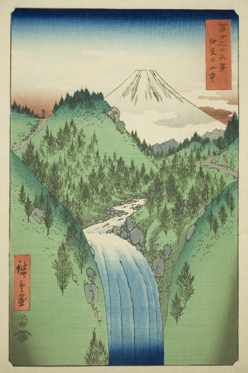 Izun maakunnan vuoristossa (Izu no sanchu), sarjasta "Kolmekymmentäkuusi näkymää Fuji-vuorelle (Fuji sanjurokkei)" tekijältä Utagawa Hiroshige