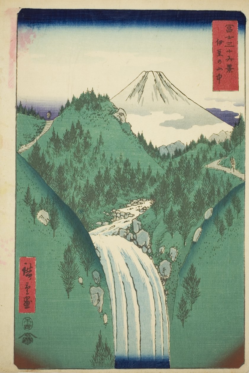 Izun maakunnan vuoristossa (Izu no sanchu), sarjasta "Kolmekymmentäkuusi näkymää Fuji-vuorelle (Fuji sanjurokkei)" tekijältä Utagawa Hiroshige