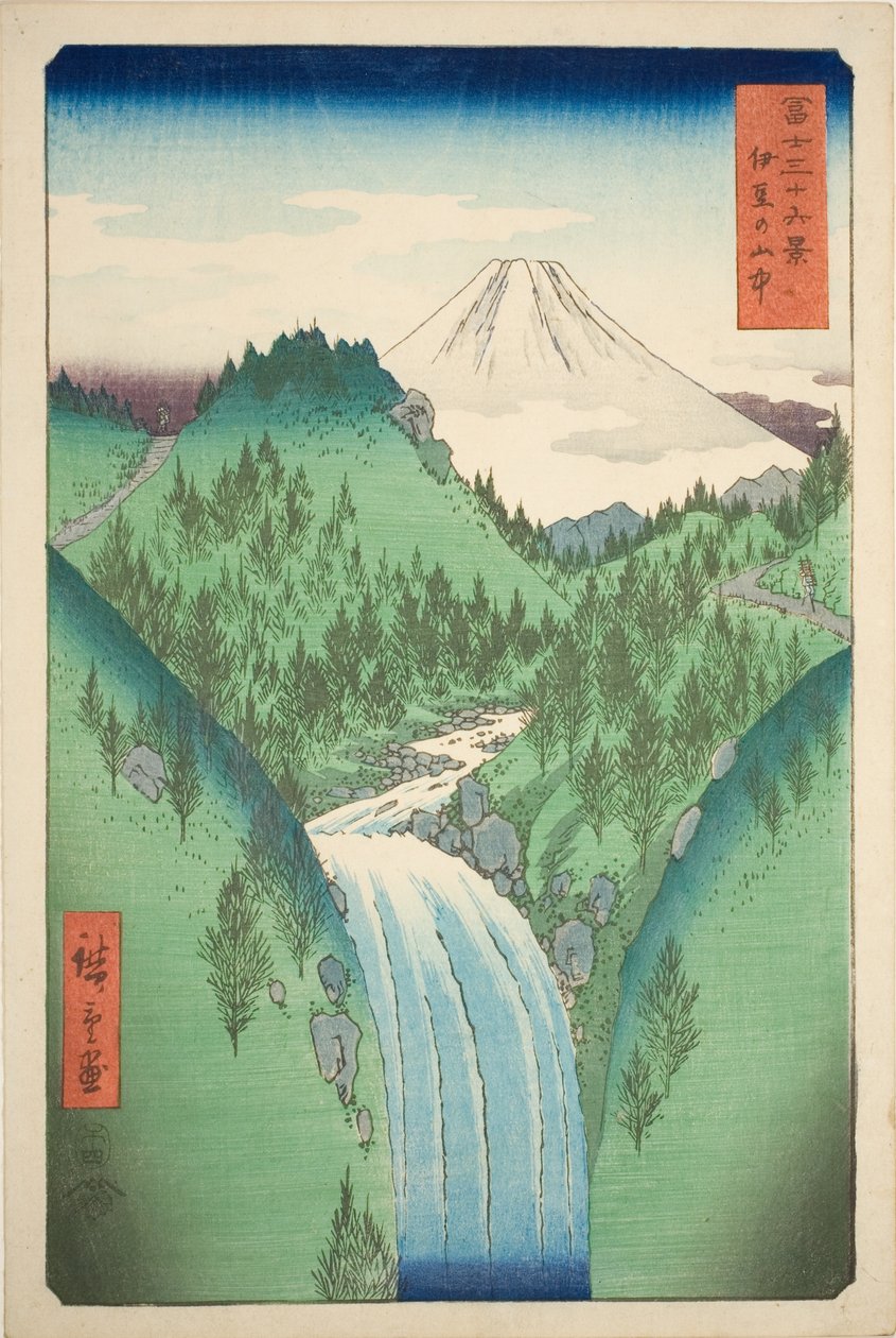 Izun maakunnan vuoristossa (Izu no sanchu), sarjasta "Kolmekymmentäkuusi näkymää Fuji-vuorelle (Fuji sanjurokkei)" tekijältä Utagawa Hiroshige