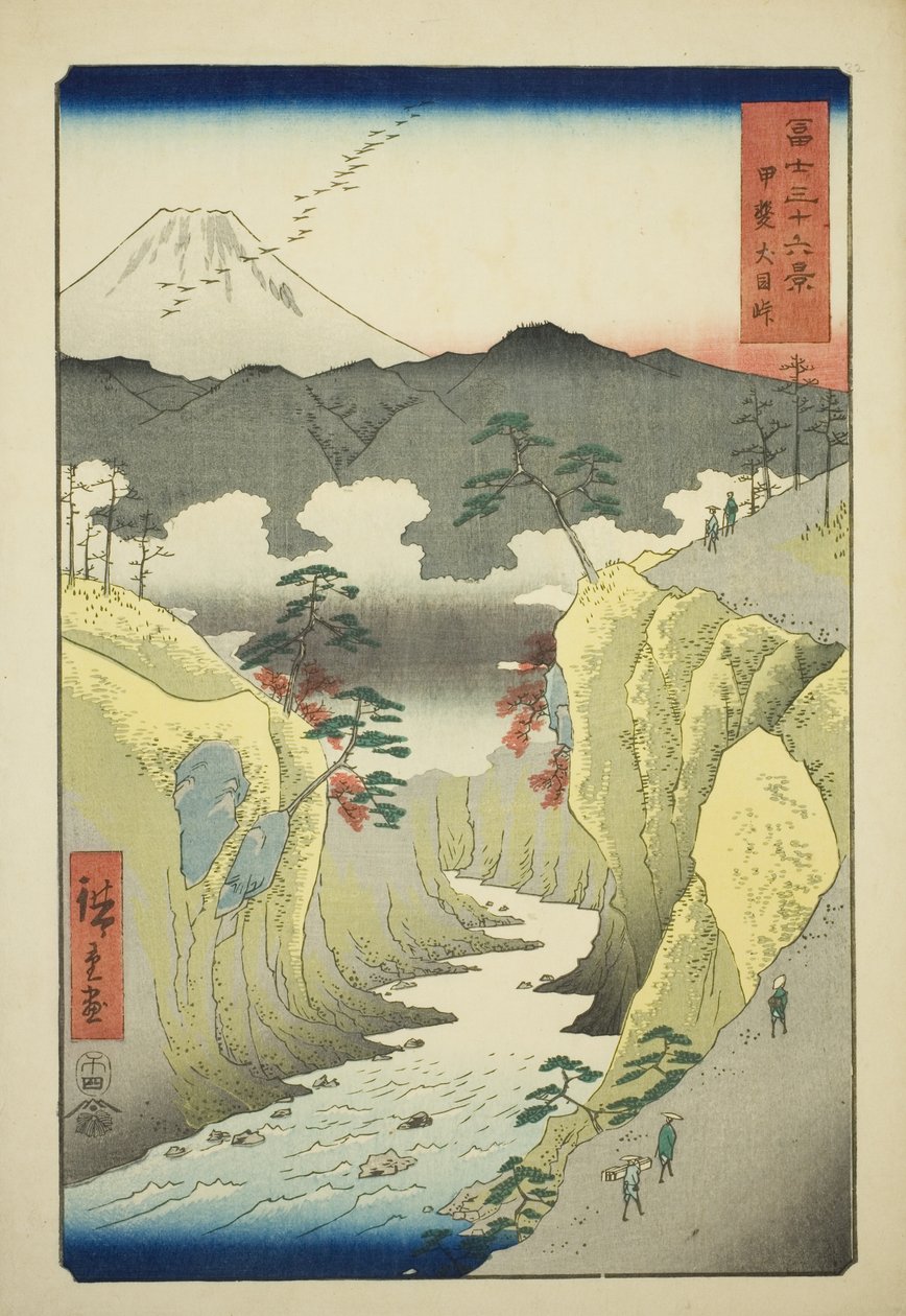 Inumen sola Kain maakunnassa (Kai Inume toge), sarjasta "Kolmekymmentäkuusi näkymää Fuji-vuorelle (Fuji sanjurokkei)" tekijältä Utagawa Hiroshige