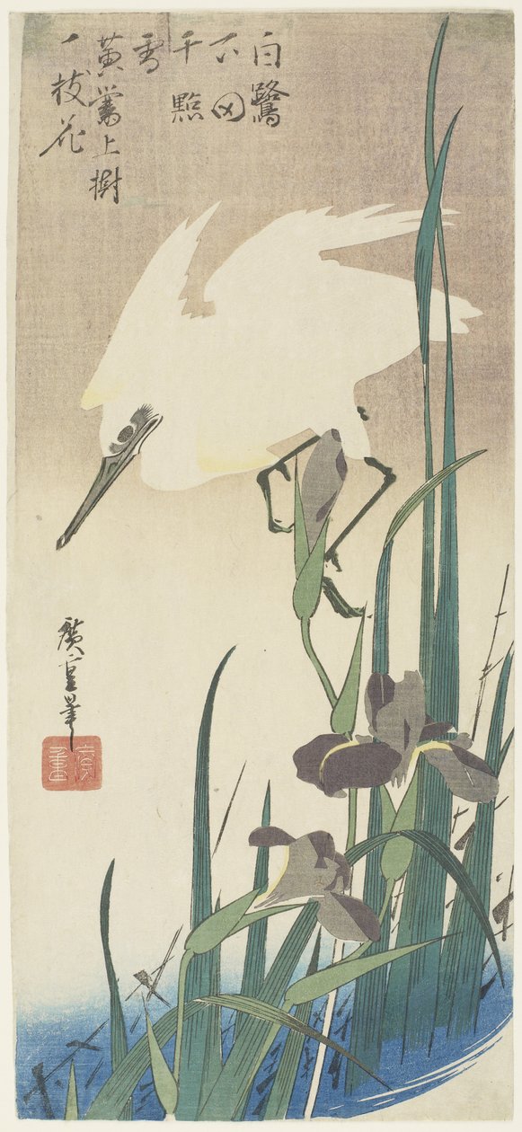 Irises ja Heron, 1832-1834 tekijältä Utagawa Hiroshige