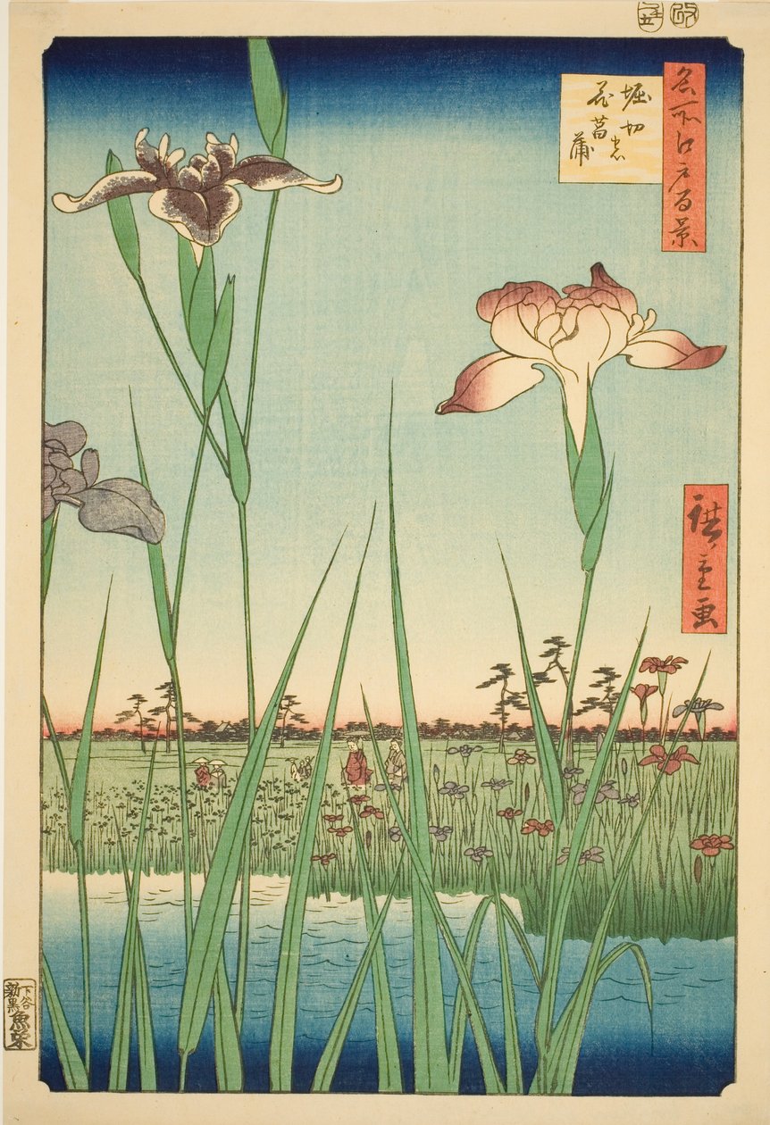 Irase s at Horikiri (Horikiri no Hanadokorobe), sarjasta "Ridge dre d fa net s view ws of Edo (Sata kuuluisaa näkymää Edoon)" tekijältä Utagawa Hiroshige