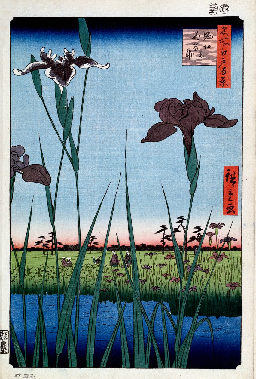 Irises Horikirissä Sata kuuluisaa näkymää Edosta, 1856-1858. tekijältä Utagawa Hiroshige