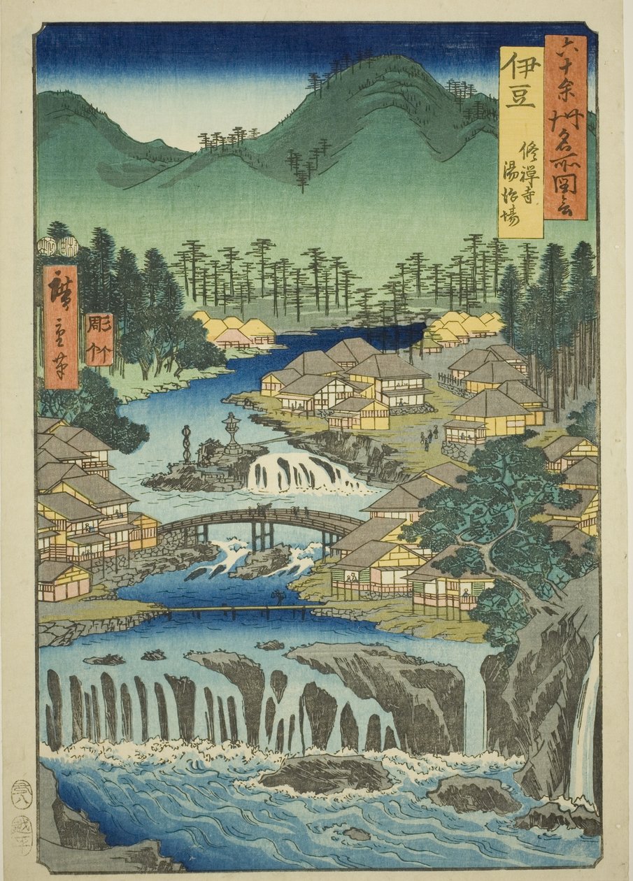 Izun maakunta: Shuzen-temppelin kuumat lähteet (Izu, Shuzenji tojiba), sarjasta "Kuusia paikkoja kuudenkymmenen parittoman maakunnan alueella (Rokujuyoshu meisho zue)" tekijältä Utagawa Hiroshige