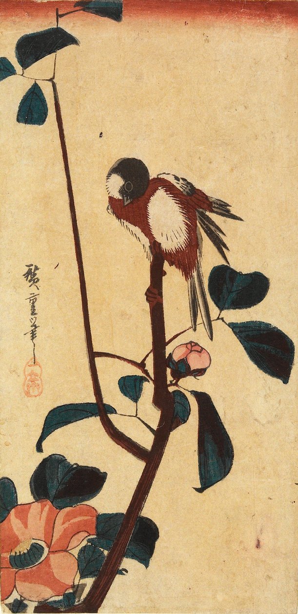 Japanintiainen kamelian oksalla tekijältä Utagawa Hiroshige