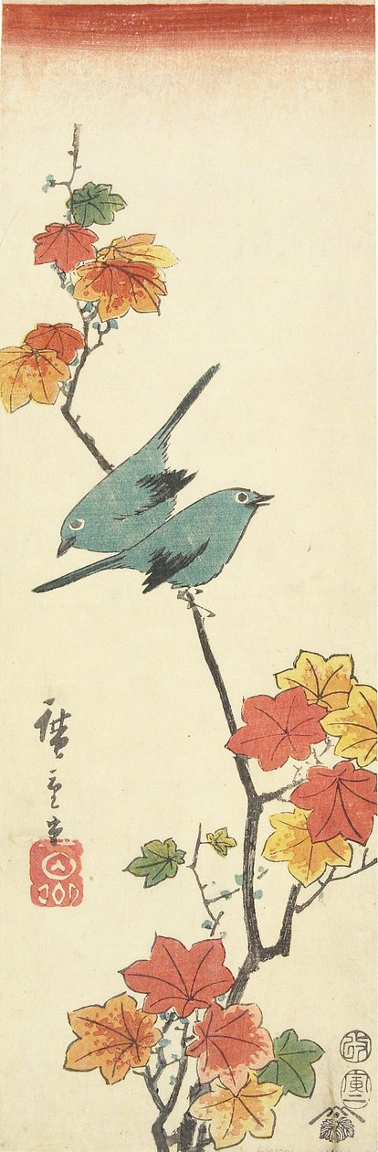 Japanilaiset valkosilmät vaahteran oksalla, 1854 tekijältä Utagawa Hiroshige