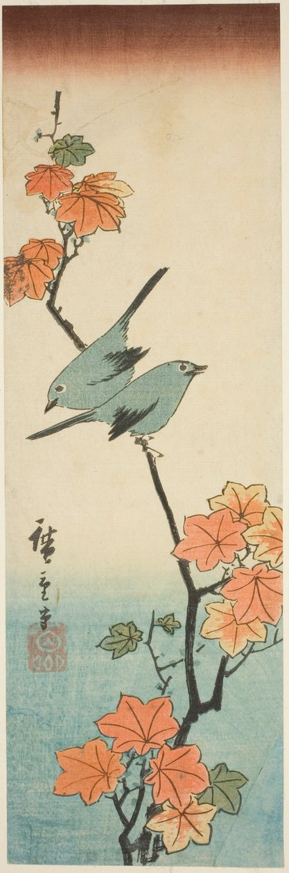 Japanilaiset valkosilmät vaahteran oksalla tekijältä Utagawa Hiroshige