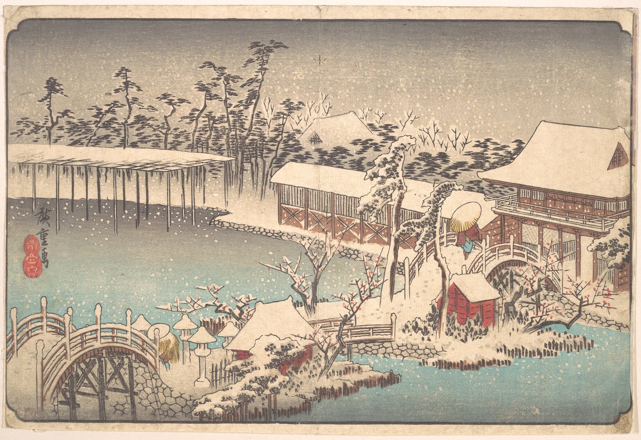 Lunta Kameido Tenmangū -pyhäkön alueella tekijältä Utagawa Hiroshige