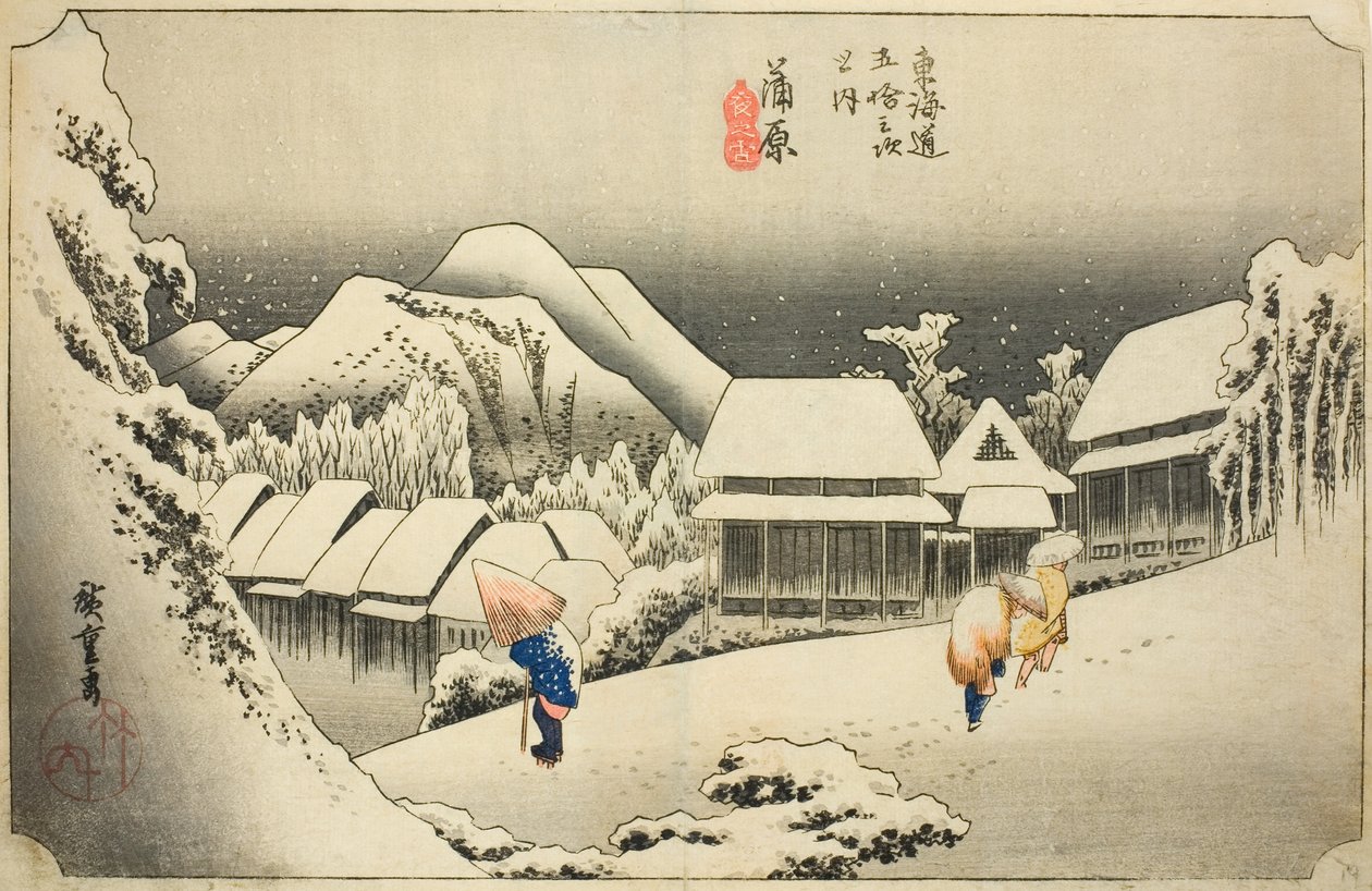 Kanbara: Illan lumi (Kanbara, yoru no yuki), sarjasta "Fifty-three Stations of the Tokaido (Tokaido gojusan tsugi no uchi)," tunnetaan myös nimellä Hoeido Tokaido tekijältä Utagawa Hiroshige