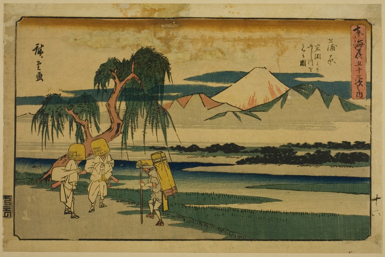 Kanbara: Näkymä Fuji-joelle Iwafuchista (Kanbara, Iwafuchi yori Fujikawa o miru zu), sarjasta "Tokaidon viisikymmentäkolme asemaa (Tokaido gojusan tsugi no uchi), joka tunnetaan myös nimellä Gyosho Tokaido tekijältä Utagawa Hiroshige