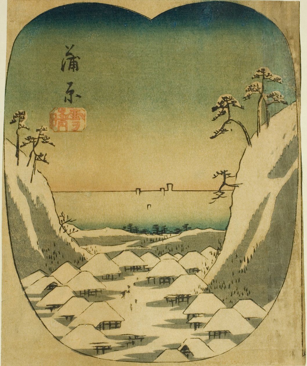 Kanbara, osa arkista nro. 4 sarjasta "Viidenkymmentäkolmen aseman leikkaukset (Gojusan tsugi harimaze)" tekijältä Utagawa Hiroshige