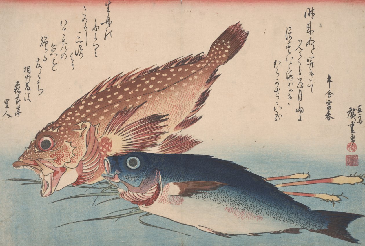 Kasago, Isaki ja Ginger, 1832 tekijältä Utagawa Hiroshige