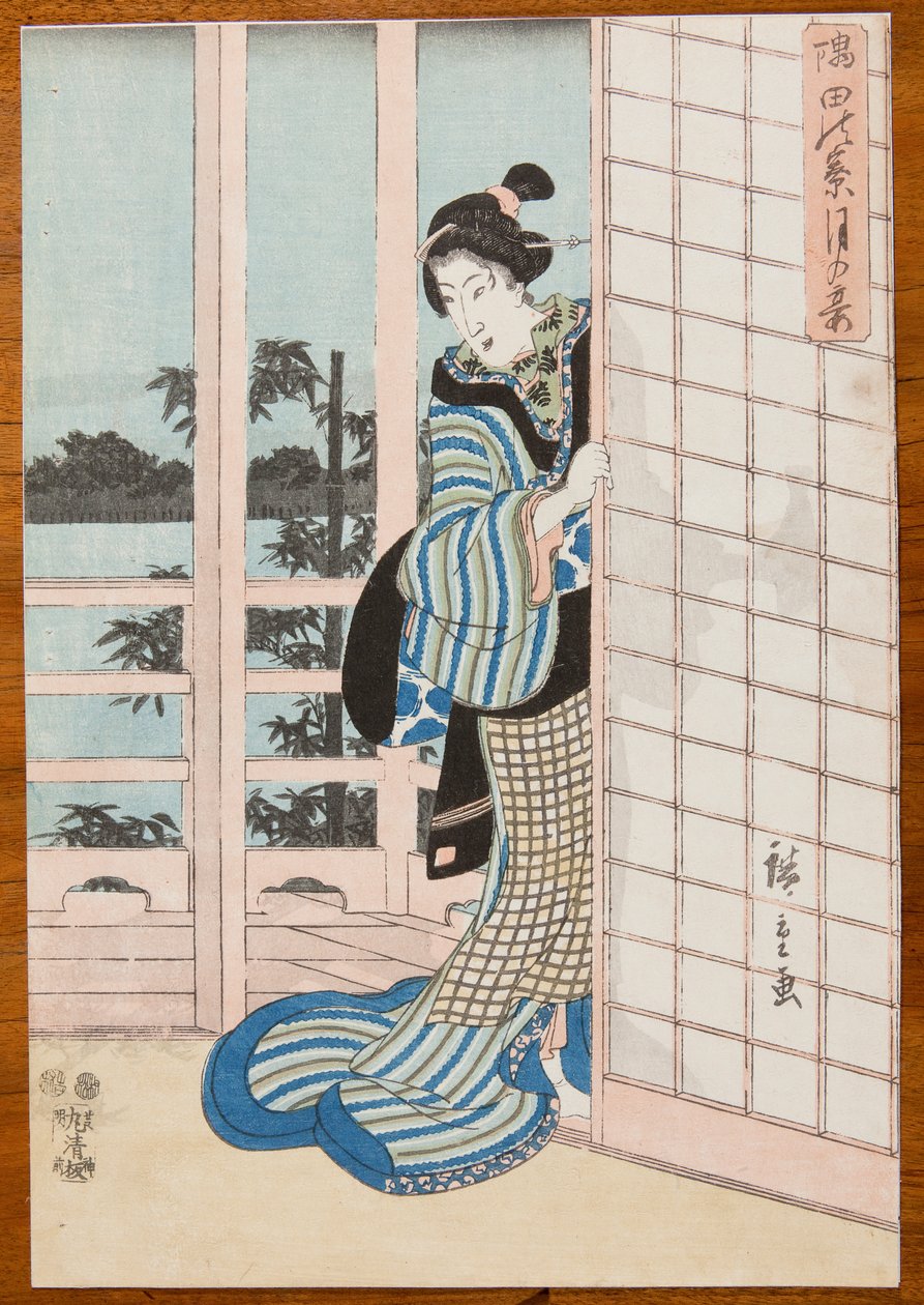 Verannalla seisova nainen tekijältä Utagawa Hiroshige