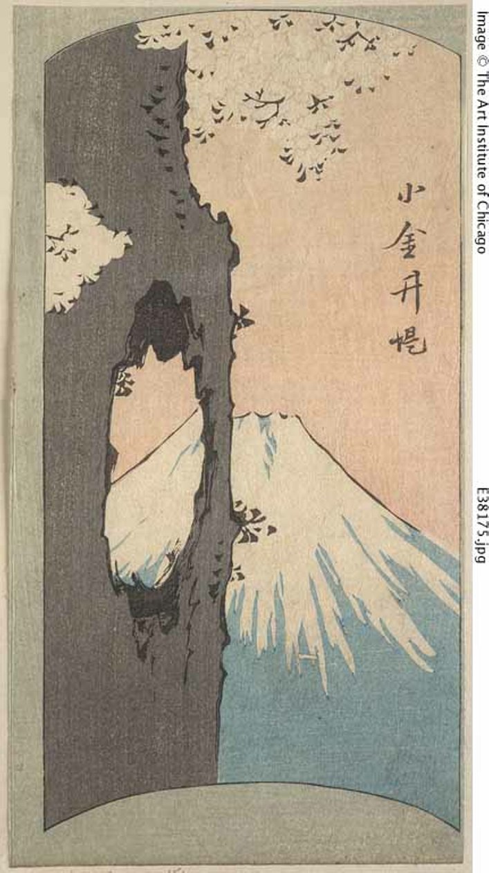 Koganei, osa arkista sarjasta "Leikkauskuvia Edon kuuluisista paikoista (Edo meisho harimaze zue)" tekijältä Utagawa Hiroshige