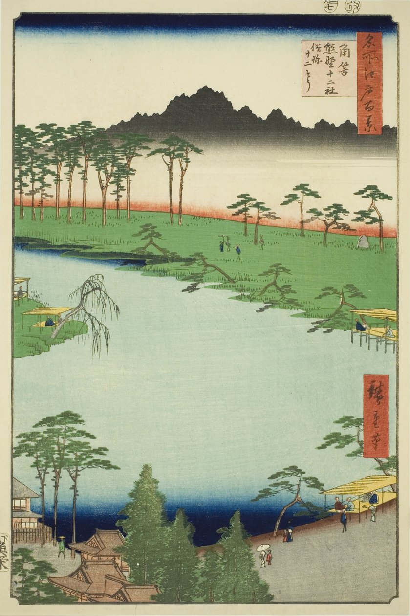 Kumano Junisha -pyhäkkö Tsunohazussa, joka tunnetaan myös nimellä Juniso (Tsunohazu Kumano Junisha, zokusho Juniso), sarjasta "Sata kuuluisaa näkymää Edosta (Meisho Edo hyakkei)" tekijältä Utagawa Hiroshige