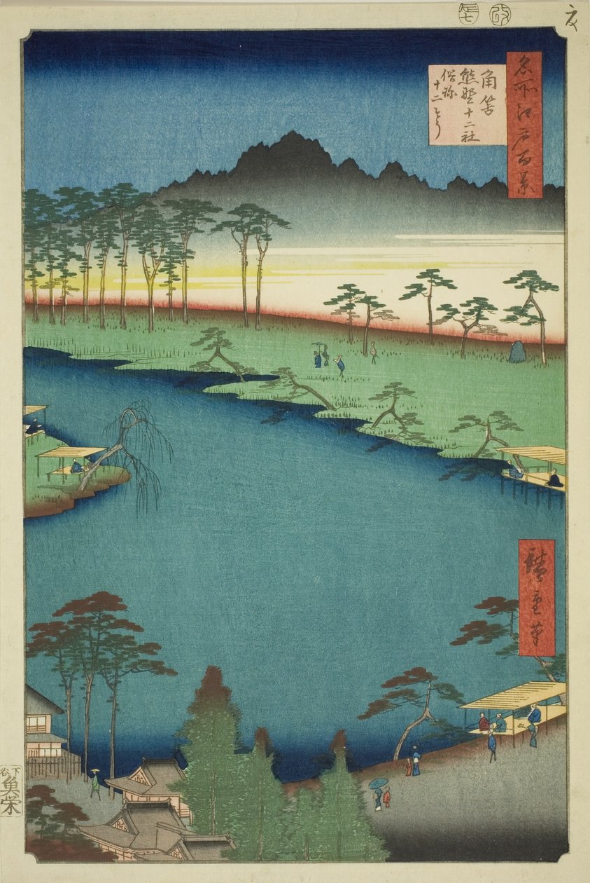 Kumano Junisha -pyhäkkö Tsunohazussa, joka tunnetaan myös nimellä Juniso (Tsunohazu Kumano Junisha, zokusho Juniso), sarjasta "Sata kuuluisaa näkymää Edosta (Meisho Edo hyakkei)" tekijältä Utagawa Hiroshige