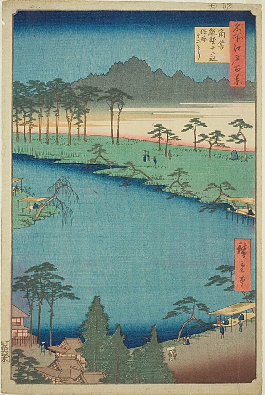 Kumano Junishan pyhäkkö Tsunohazussa, tunnettu nimellä "Juniso" (Tsunohazu Kumano Junisha zokusho Juniso), nro 50 sarjasta "Sata kuuluisaa näkymää Edosta (Meisho Edo hyakkei)". tekijältä Utagawa Hiroshige