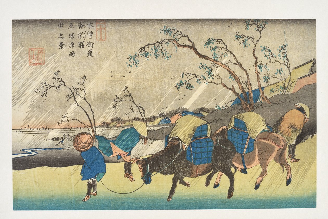 Kutsukake: näkymä sateeseen Hiratsukan tasangolla sarjasta "Kisokaidōn 69 asemaa" tekijältä Utagawa Hiroshige