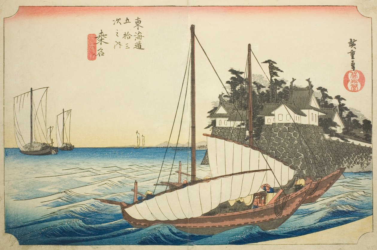 Kuwana: Shichirin lauttaristeyksen laskeutuminen (Kuwana, Shichiri watashiguchi), sarjasta "Tokaidon viisikymmentäkolme asemaa (Tokaido gojusan tsugi no uchi)", joka tunnetaan myös nimellä Hoeido Tokaido tekijältä Utagawa Hiroshige