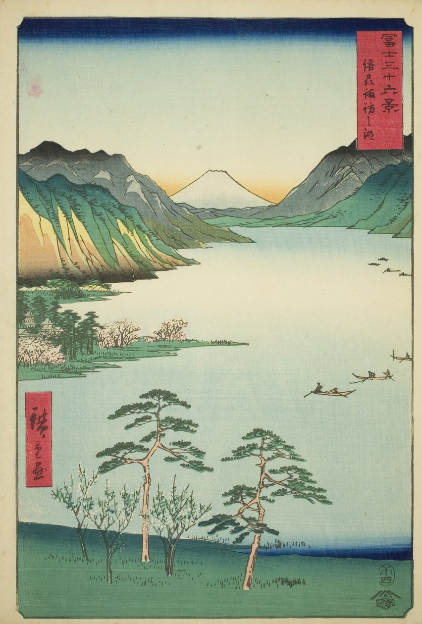 Shinano Shinano P Lovinse (New Species Suwa Lake), sarjasta "Tierty Mr. x Näkymät Fuji-vuorelle (Fuji Usa Kotobuki Rokukatsu)" tekijältä Utagawa Hiroshige