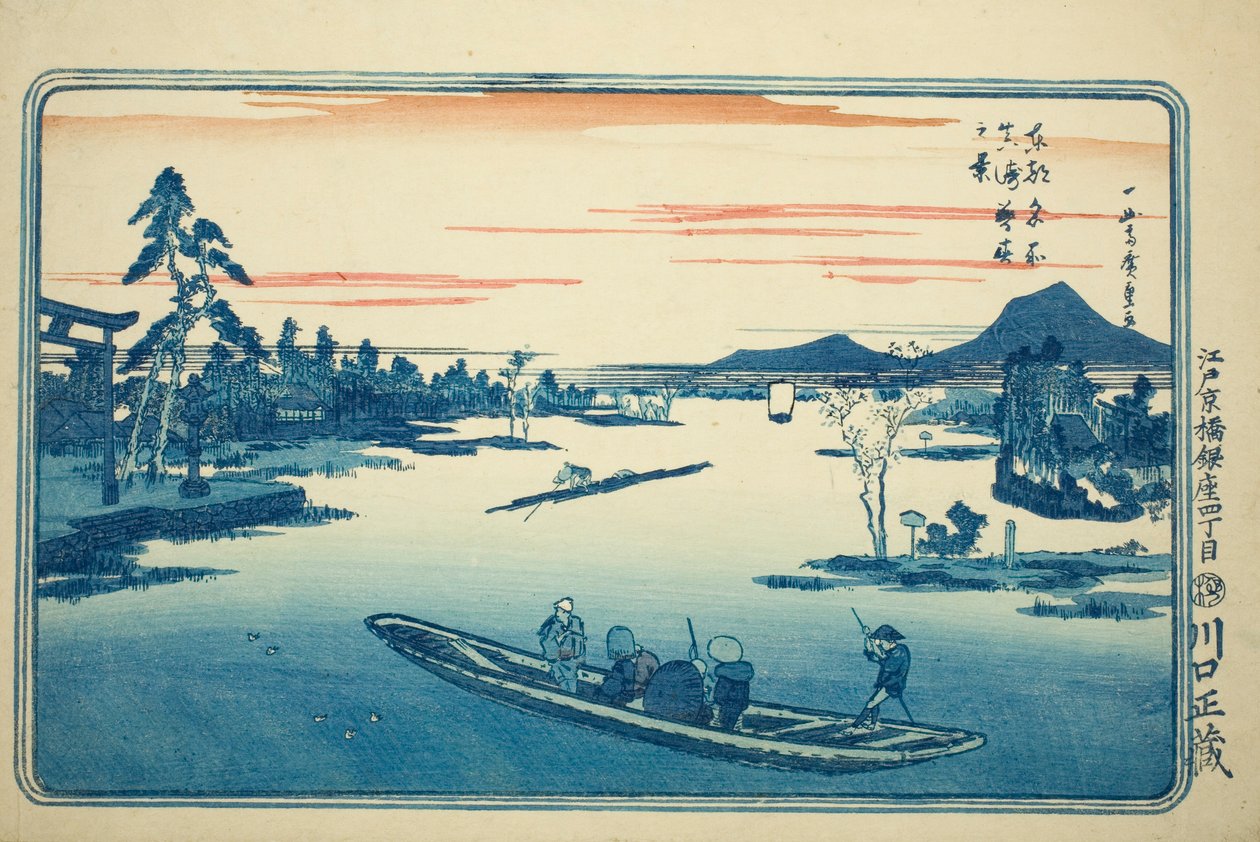 Myöhäinen kevät Massakissa (Massaki boshun no kei), sarjasta "Itäisen pääkaupungin kuuluisia näkymiä (Toto meisho)" tekijältä Utagawa Hiroshige