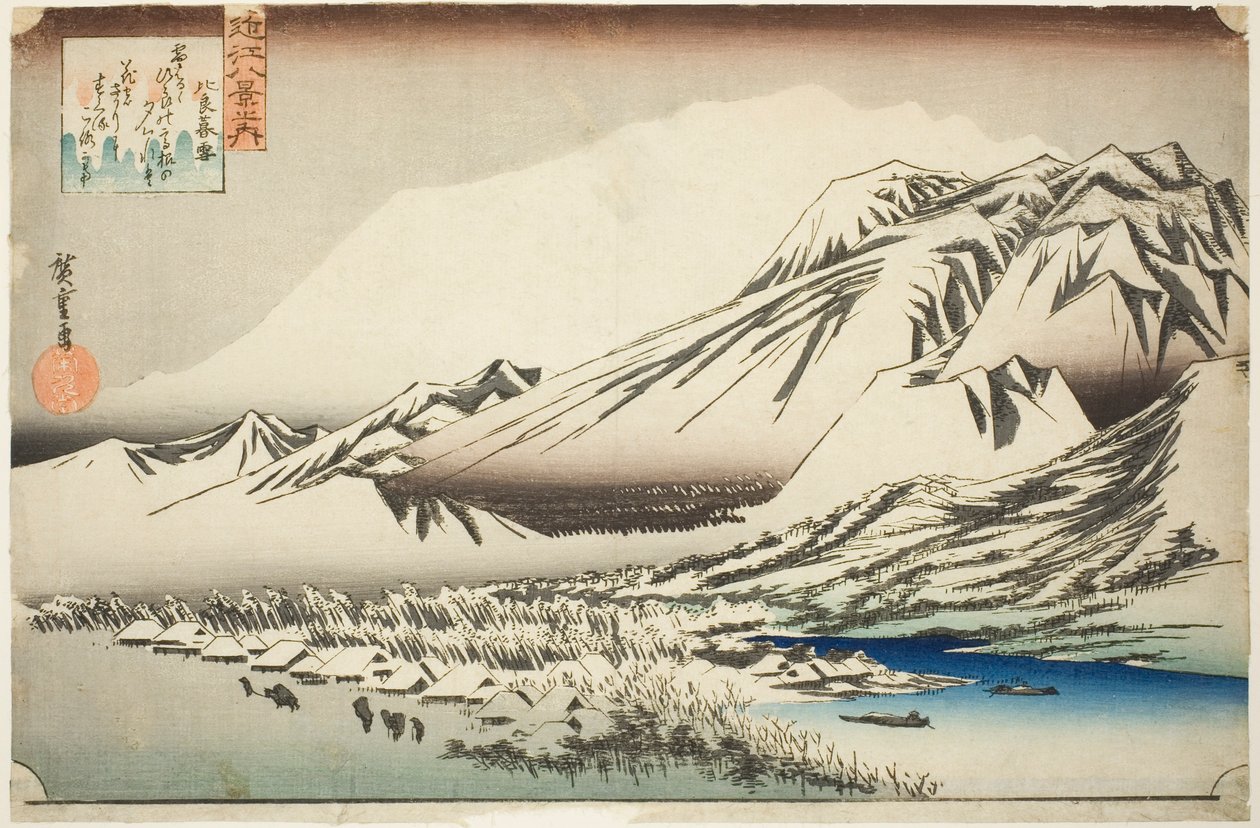 Lingering Snow on Mount Hira (Hira no bosetsu), sarjasta "Kahdeksan näkymää Omin maakunnasta (Omi hakkei no uchi)" tekijältä Utagawa Hiroshige