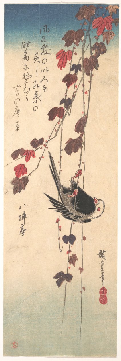 Pitkäpyrstöinen tiainen syksyisellä murattipensaalla tekijältä Utagawa Hiroshige
