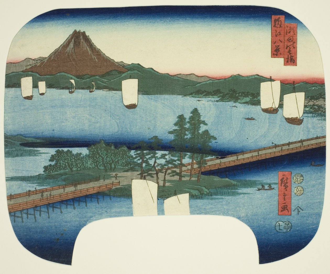 Pitkä silta Setassa (Seta no nagahashi), sarjasta "Kahdeksan näkymää Omista (Omi hakkei)" tekijältä Utagawa Hiroshige