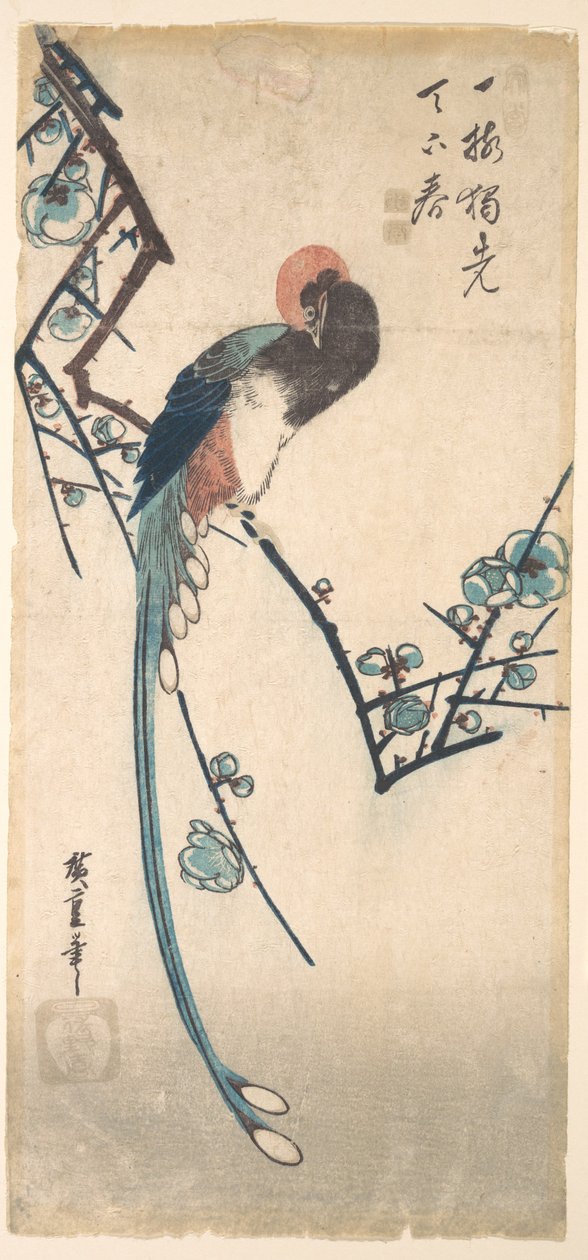 Pitkäpyrstöinen lintu tekijältä Utagawa Hiroshige