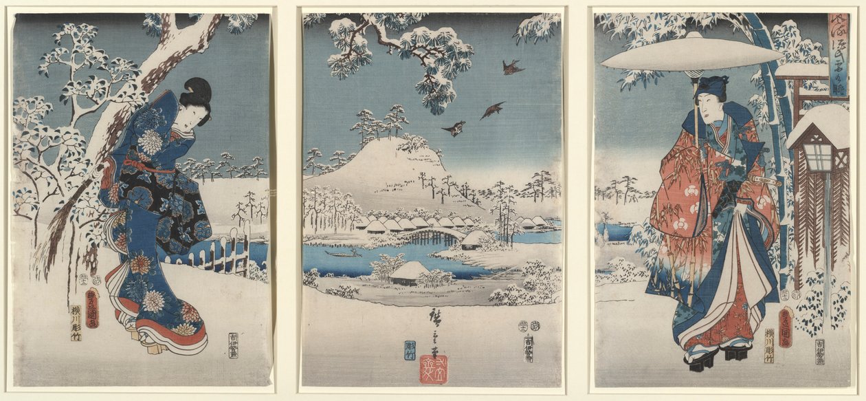 Rakastajat talvimaisemassa tekijältä Utagawa Hiroshige