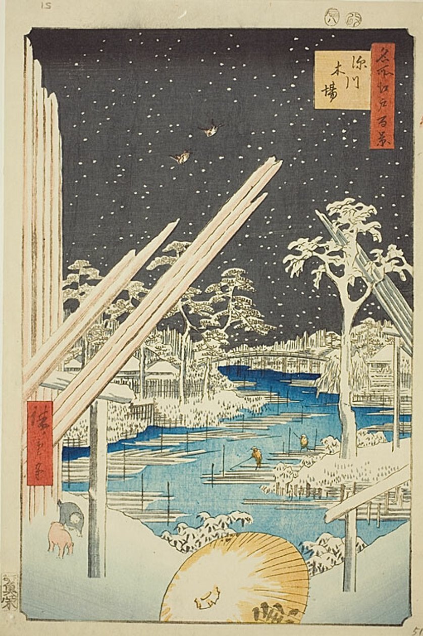 Fukagawan (Fukagawa kiba) puutavaratallit, pimeällä taivaalla, nro 106 sarjasta "Sata kuuluisaa näkymää Edosta (Meisho Edo hyakkei)". tekijältä Utagawa Hiroshige