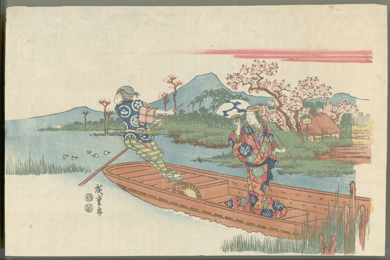 Hullu nainen lautalla Mokubōji-temppelin lähellä (Kohtaus Noh-näytelmästä Sumidagawa) tekijältä Utagawa Hiroshige