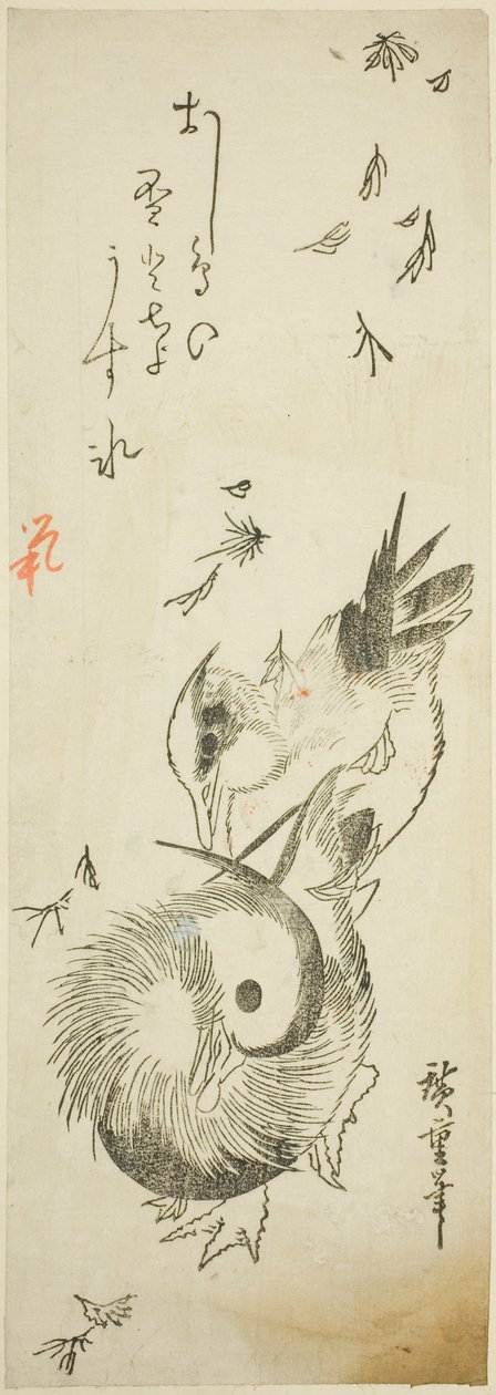 Mandariiniankat ylittävät jäisen lammen putoavien lehtien keskellä tekijältä Utagawa Hiroshige