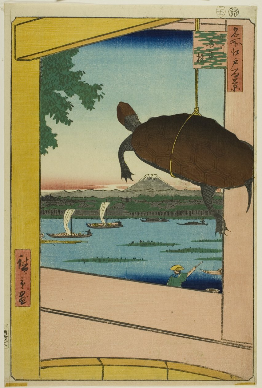 Mannen silta, Fukagawa (Fukagawa Mannenbashi), sarjasta "Sata kuuluisaa näkymää Edosta (Meisho Edo hyakkei)". tekijältä Utagawa Hiroshige