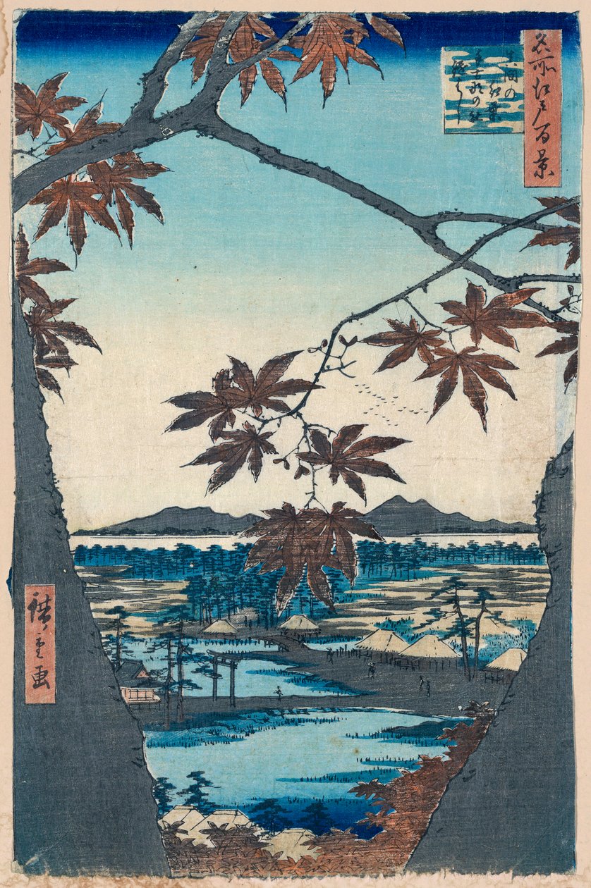Vaahteranlehdet ja Tekona-pyhäkkö ja silta Mamassa, 1856-1858. tekijältä Utagawa Hiroshige