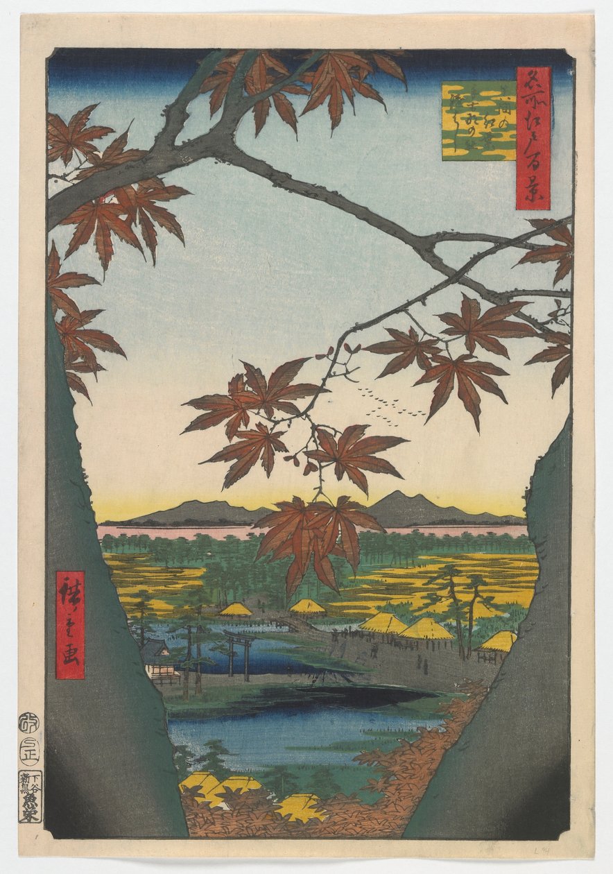 Maman vaahterapuut, Tekonan pyhäkkö ja linkitetty silta, Edo-kausi, 1857 (väripuupainatus) tekijältä Utagawa Hiroshige