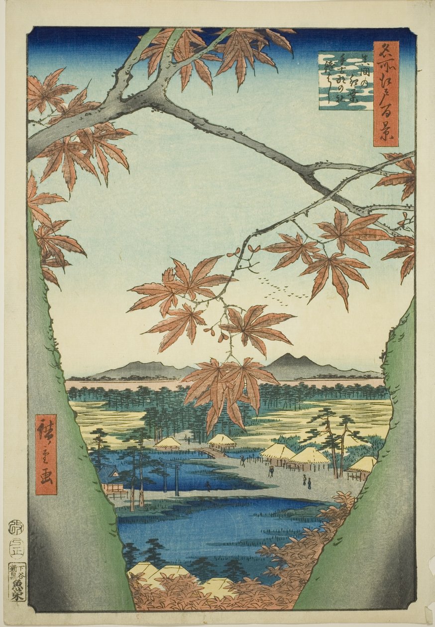 Maple Trees at Mama, Tekona Shrine ja Tsugi Bridge (Mama no momiji, Tekona no yashiro, Tsugihashi), sarjasta "Sata kuuluisaa näkymää Edosta (Meisho Edo hyakkei)" tekijältä Utagawa Hiroshige
