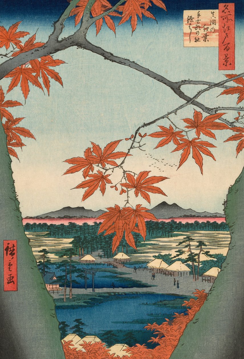 Maple Trees at Mama, Tekona Shrine ja Tsugi Bridge (Mama no momiji, Tekona no yashiro, Tsugihashi), sarjasta "Sata kuuluisaa näkymää Edosta (Meisho Edo hyakkei)" tekijältä Utagawa Hiroshige